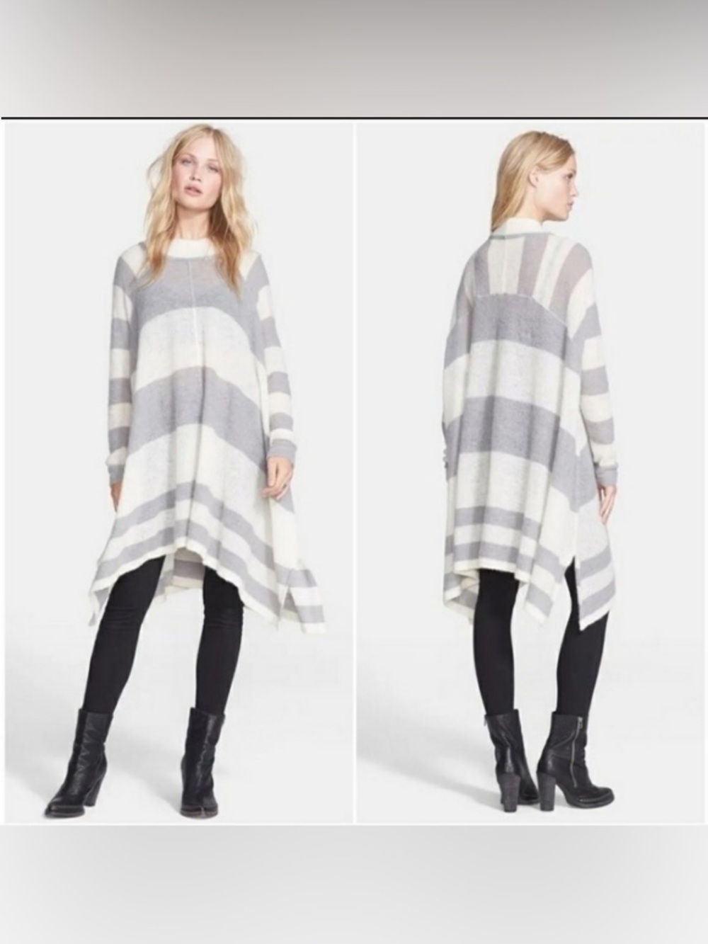 Free People Lafayette Oversized Alpaca Sweater Tunic Gray Cream Stripe M/L